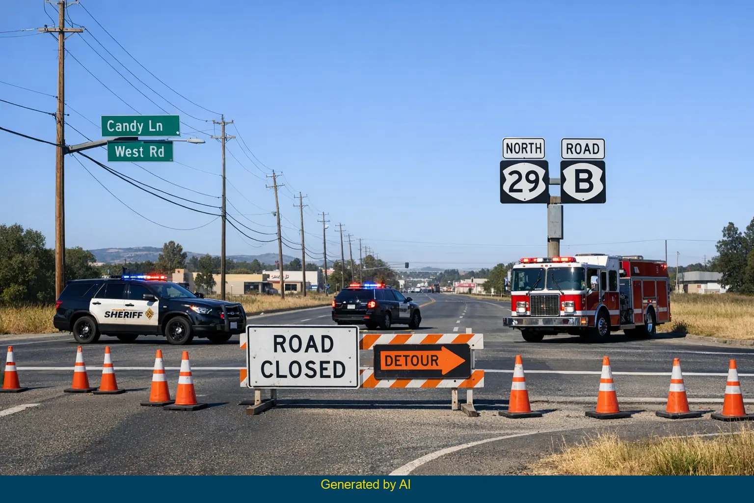 Emergency vehicles block intersection on State Route 29 near Candy Lane after two-vehicle crash