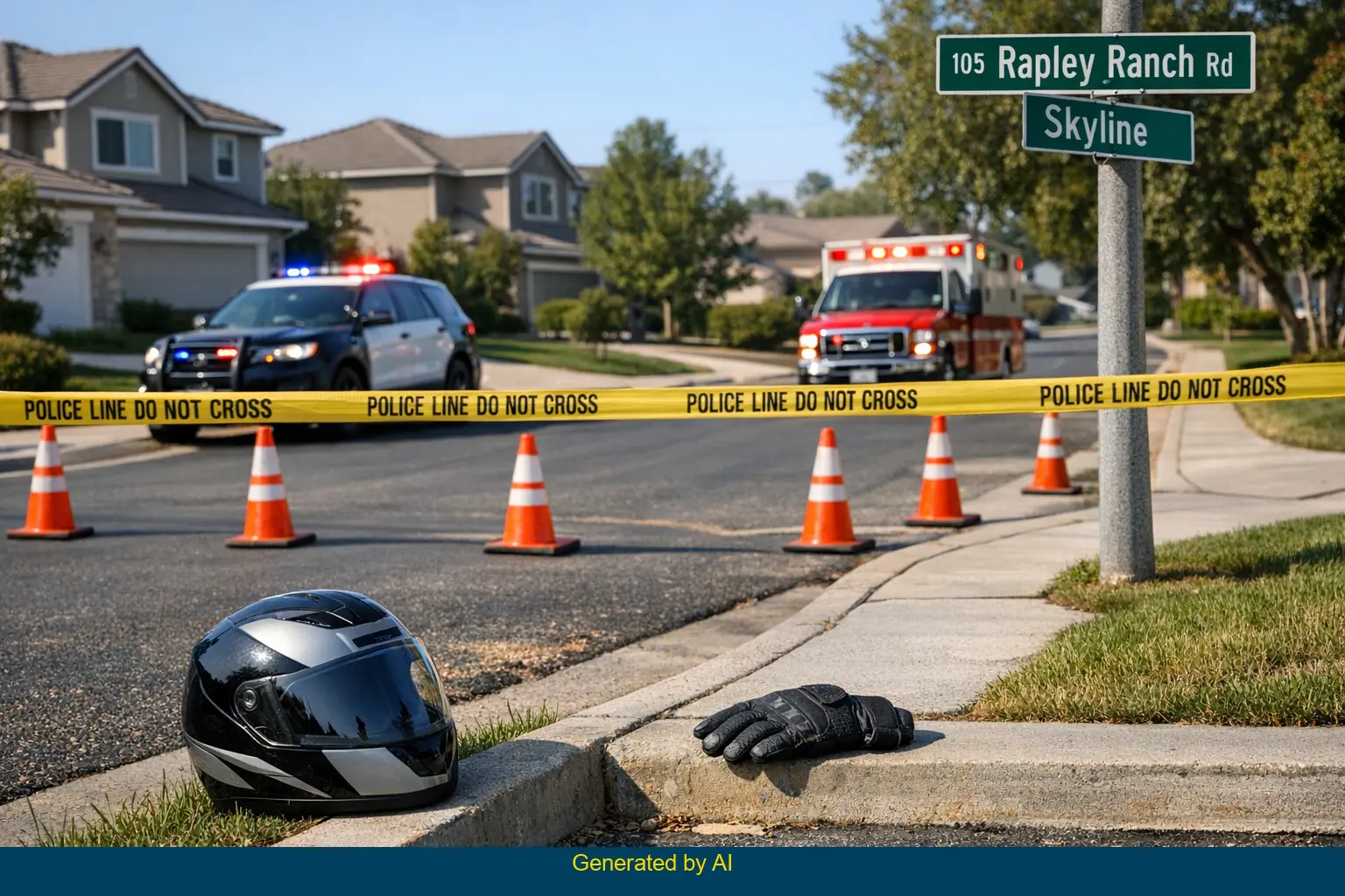Police tape and traffic cones block 105 Rapley Ranch Road after vehicle and motorcycle crash fatality