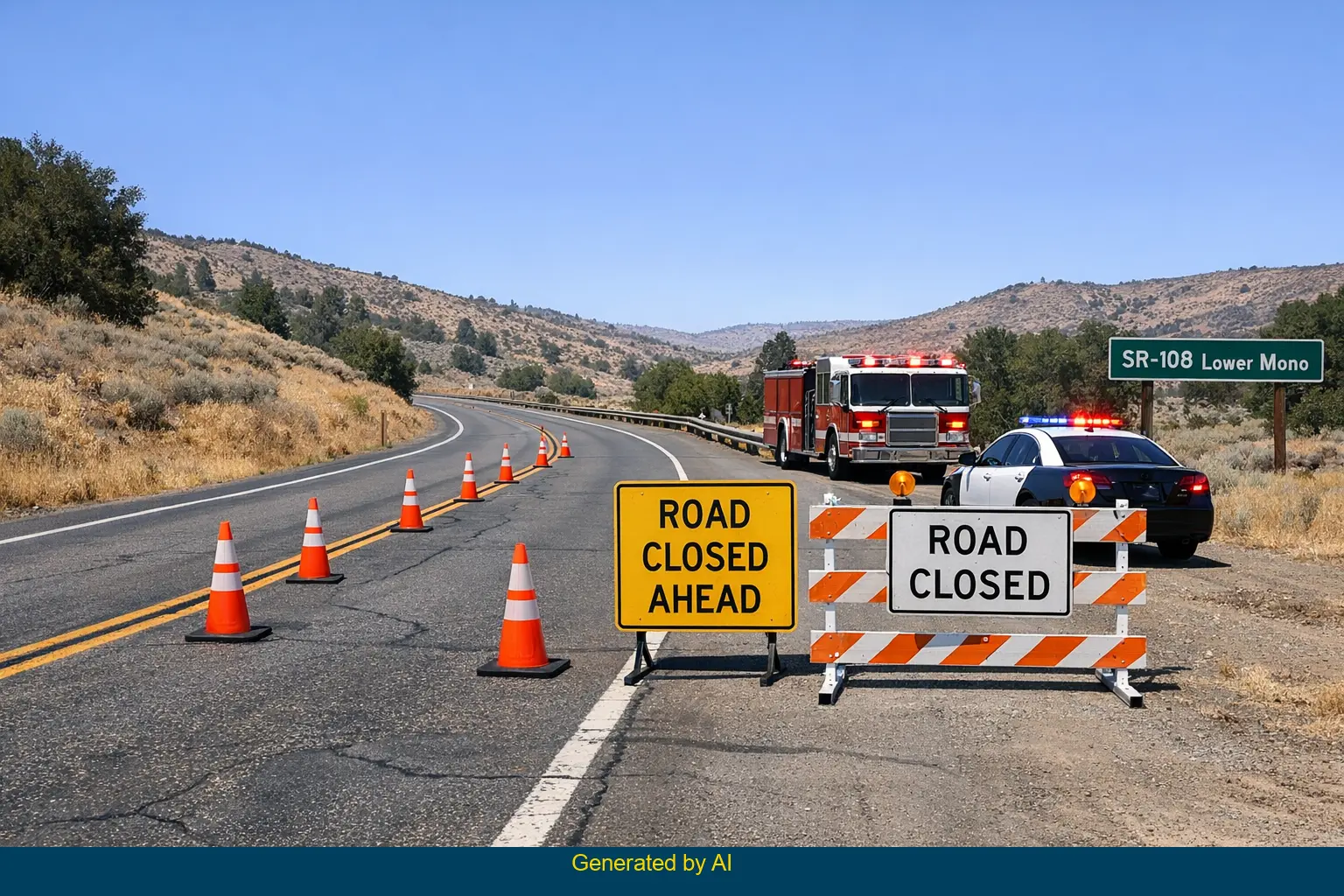 Emergency vehicles and road closure sign on SR-108 at Lower Mono after head-on collision in daylight