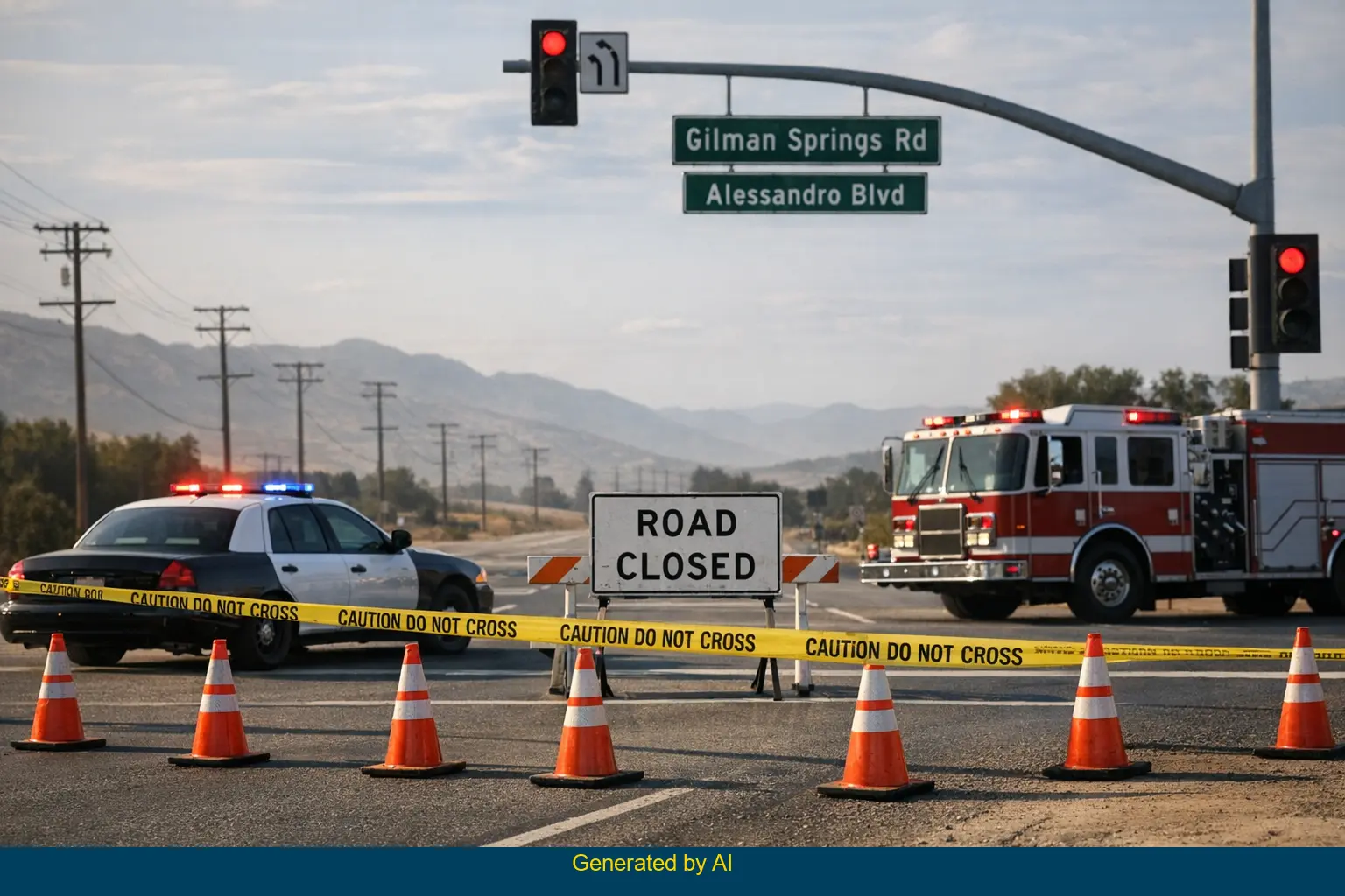 Emergency vehicles and road closure at Gilman Springs Road and Alessandro Boulevard after head-on collision