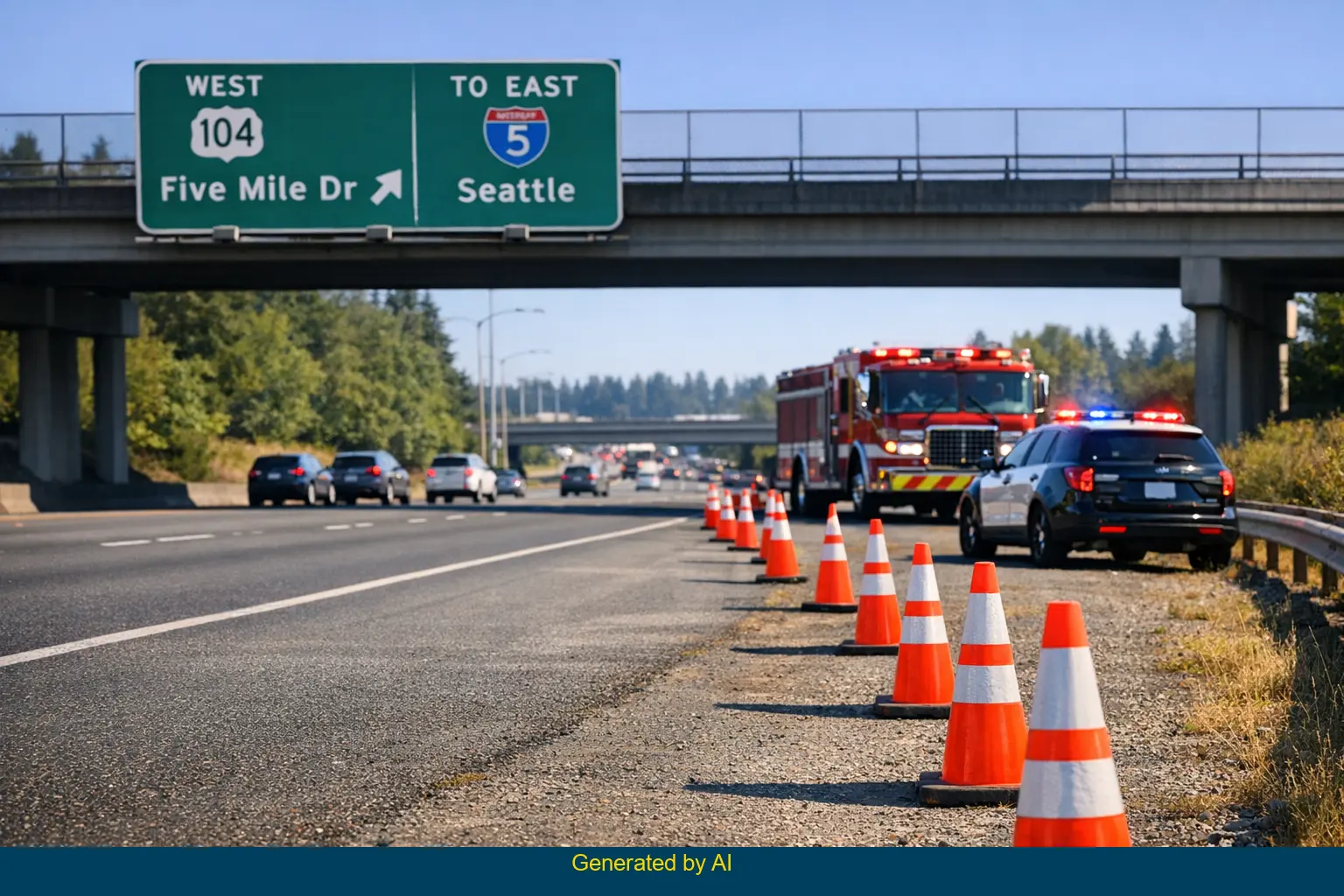 Emergency vehicles and traffic cones mark a road closure on State Route 104 near Five Mile Drive
