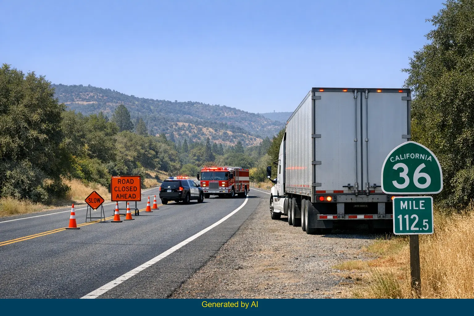 Emergency vehicles and truck on State Route 36 shoulder after head-on crash near Lanes Valley
