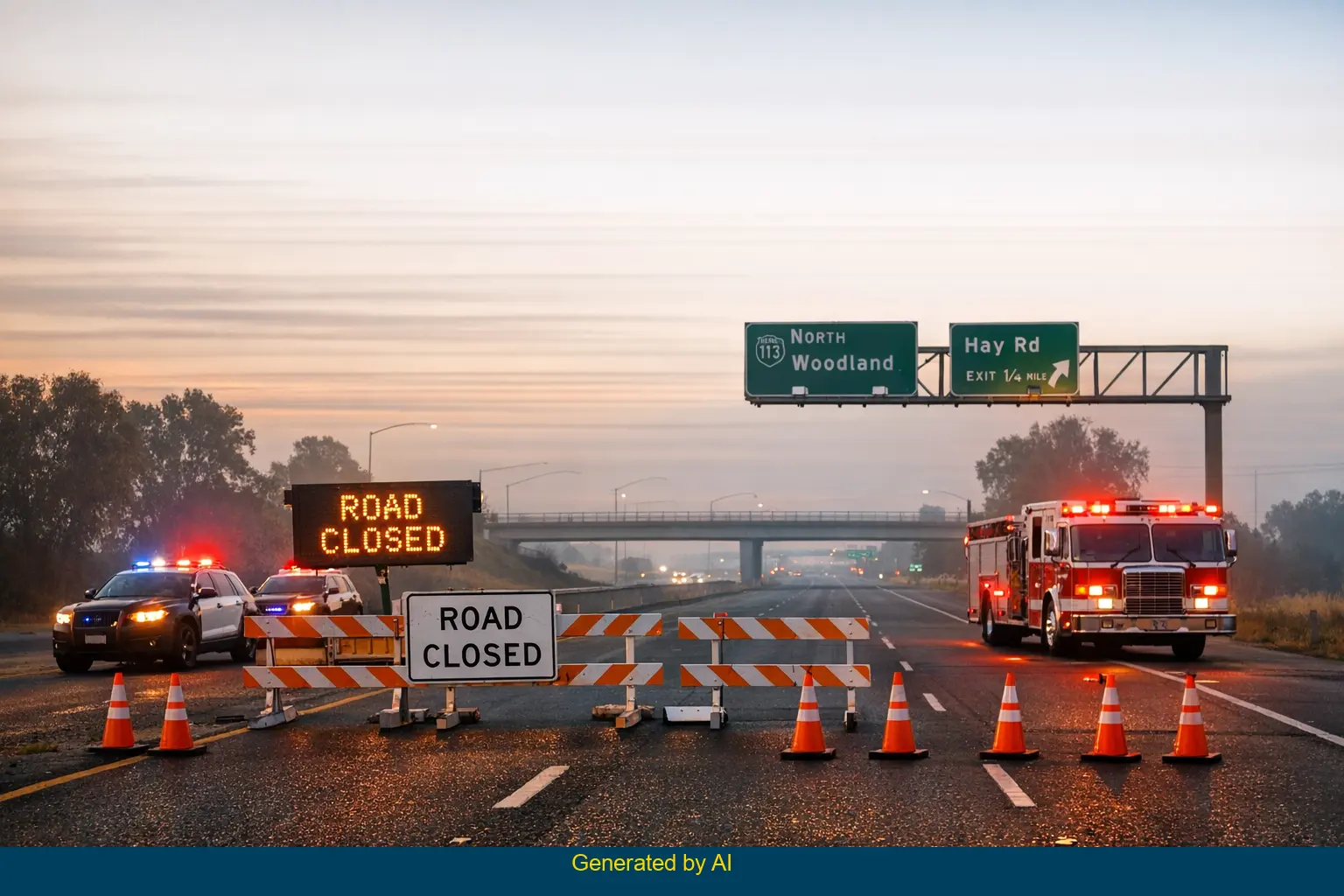 Emergency vehicles and road closure on State Route 113 after head-on pickup truck crash near Hay Road at dawn