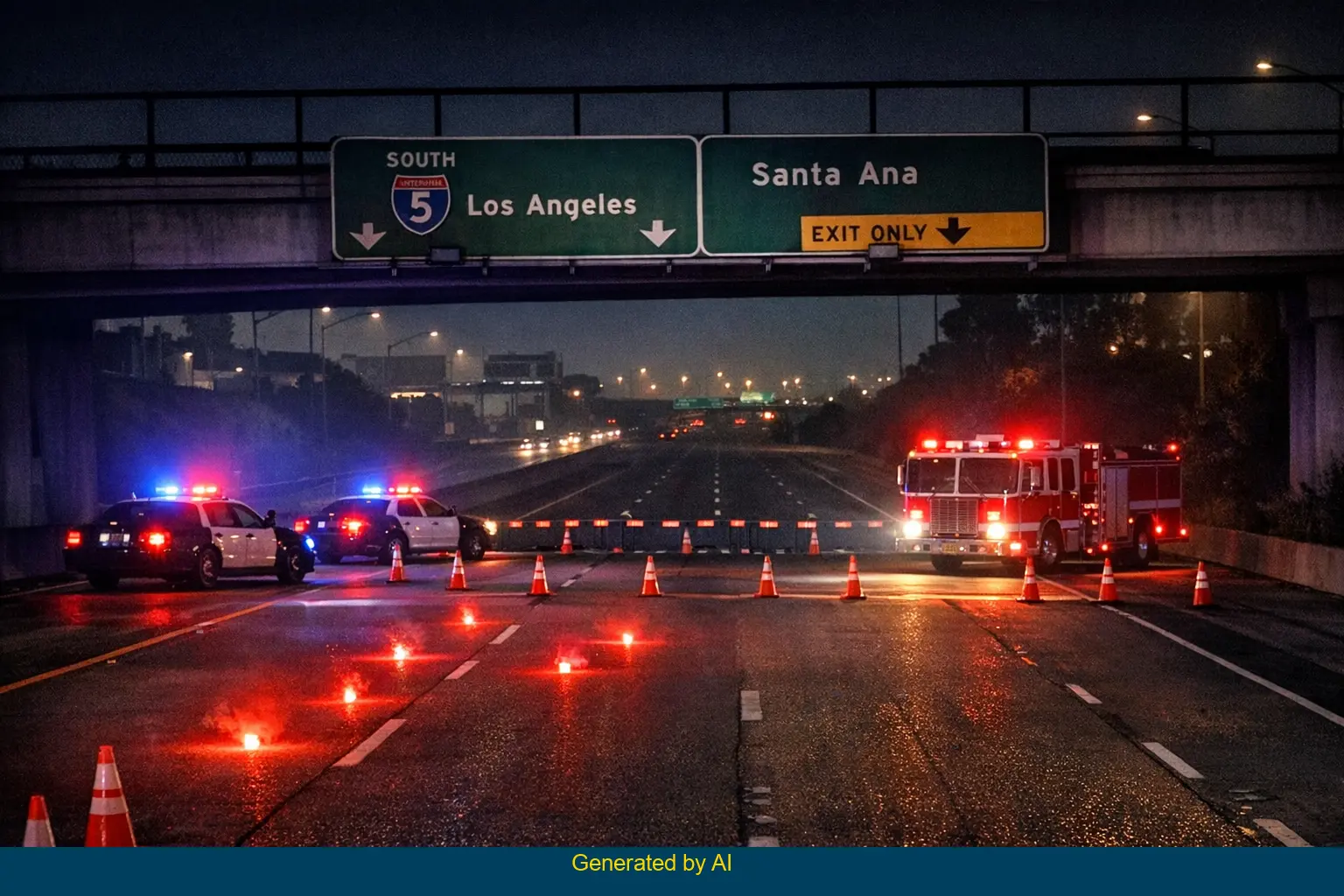 Emergency vehicles block lanes on I-5 South near Grand Avenue at night after reported bridge incident