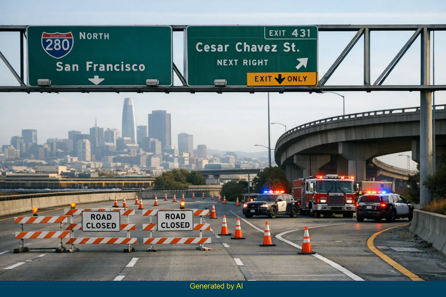 Emergency vehicles and road closure on I-280 northbound near Cesar Chavez off-ramp in San Francisco