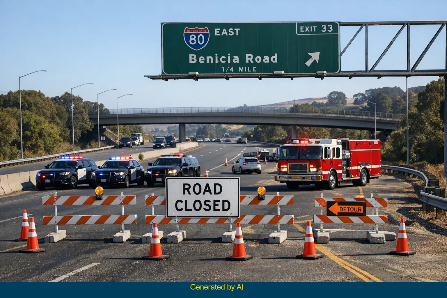 Emergency vehicles and traffic cones block I-80 Benicia Road off-ramp after minor-injury collision