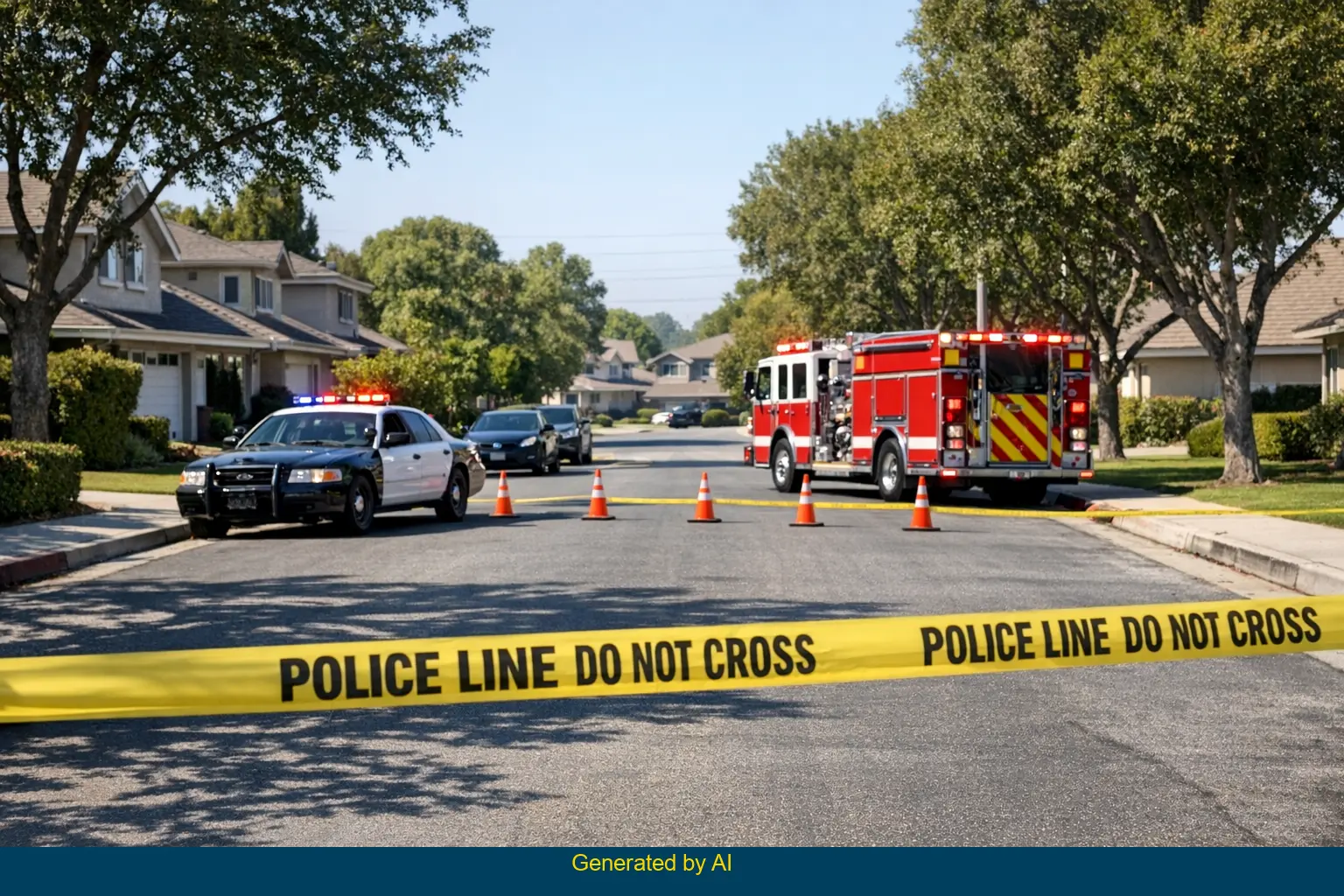 Emergency vehicles and caution tape block part of McWade Avenue after motorcycle and SUV crash