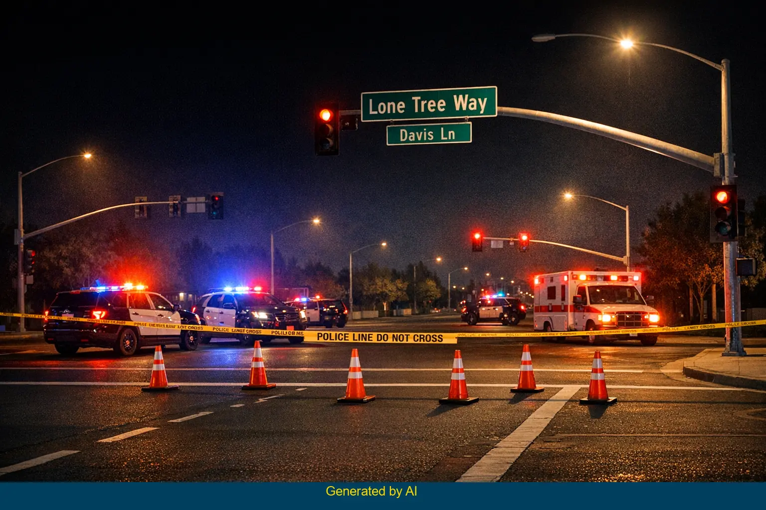 Police vehicles and ambulance respond to motorcycle crash at Brentwood intersection at night