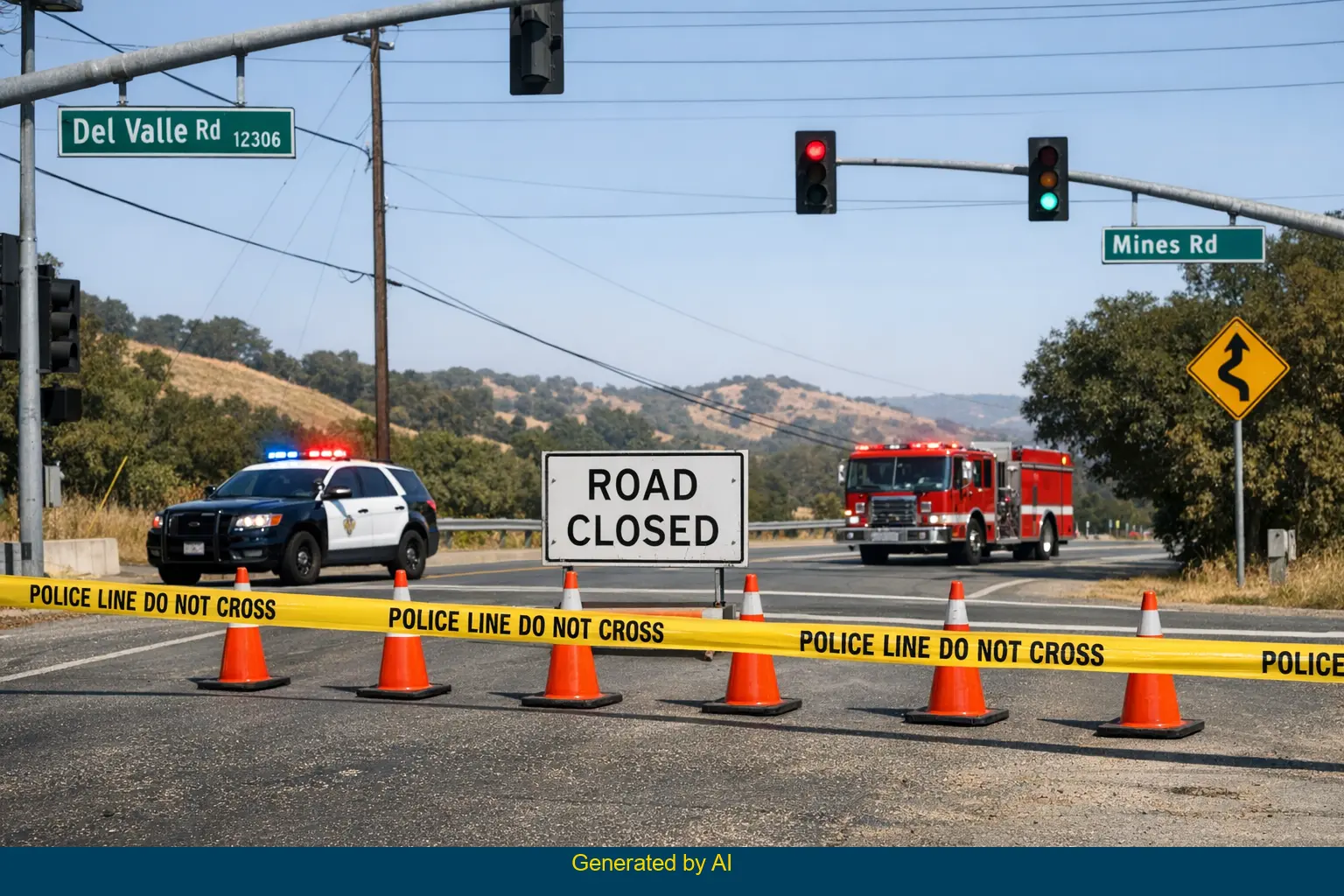 Police tape and emergency vehicles block Del Valle Road and Mines Road after motorcyclist accident fatality