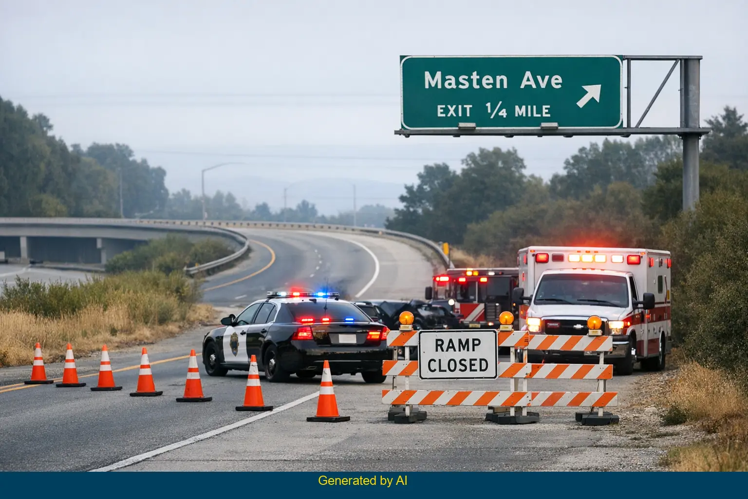 Emergency vehicles and traffic cones block US 101 Masten Avenue off-ramp after motorcycle accident