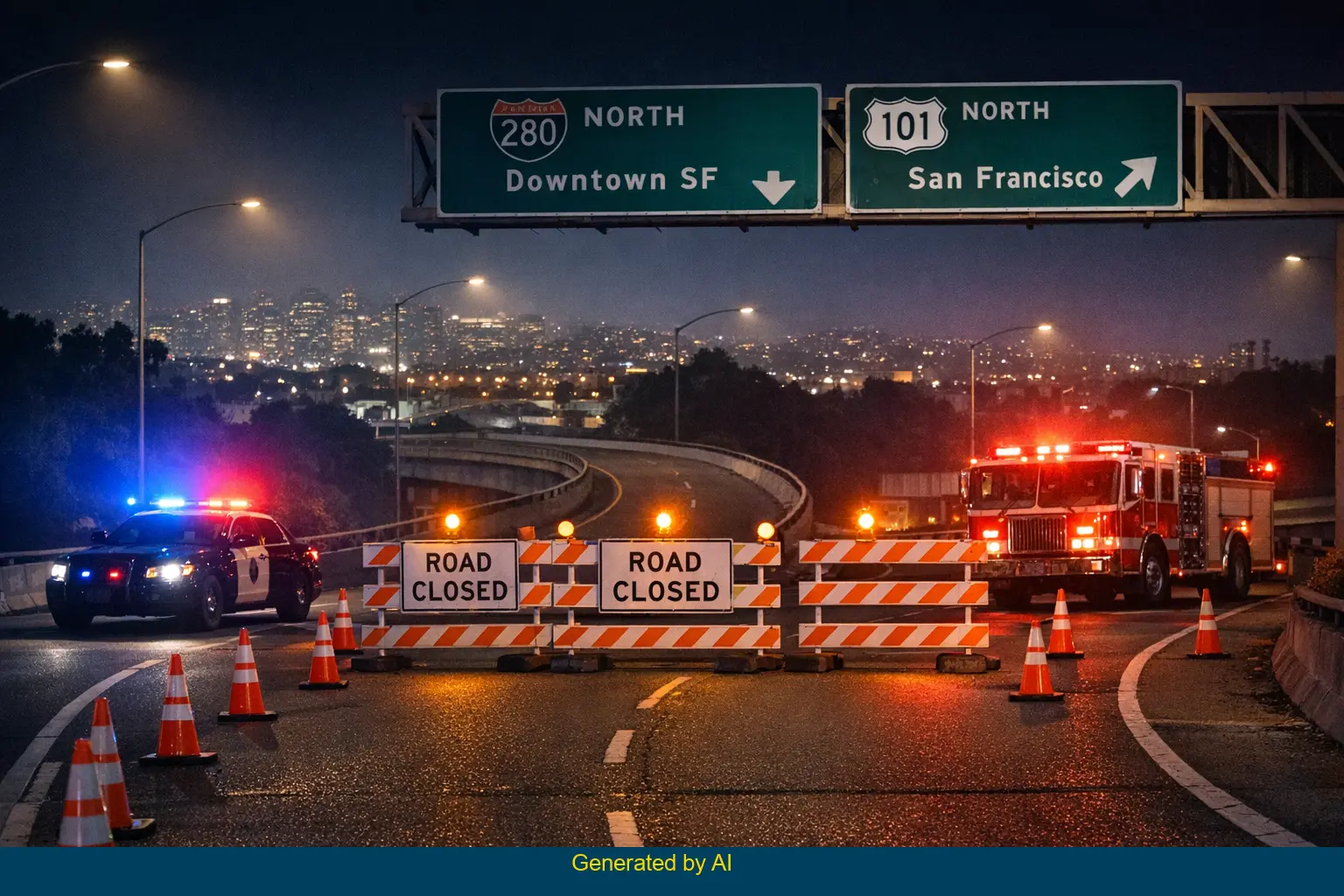 Emergency vehicles and road closure on I-280 to US-101 connector in San Francisco at night after motorcycle crash