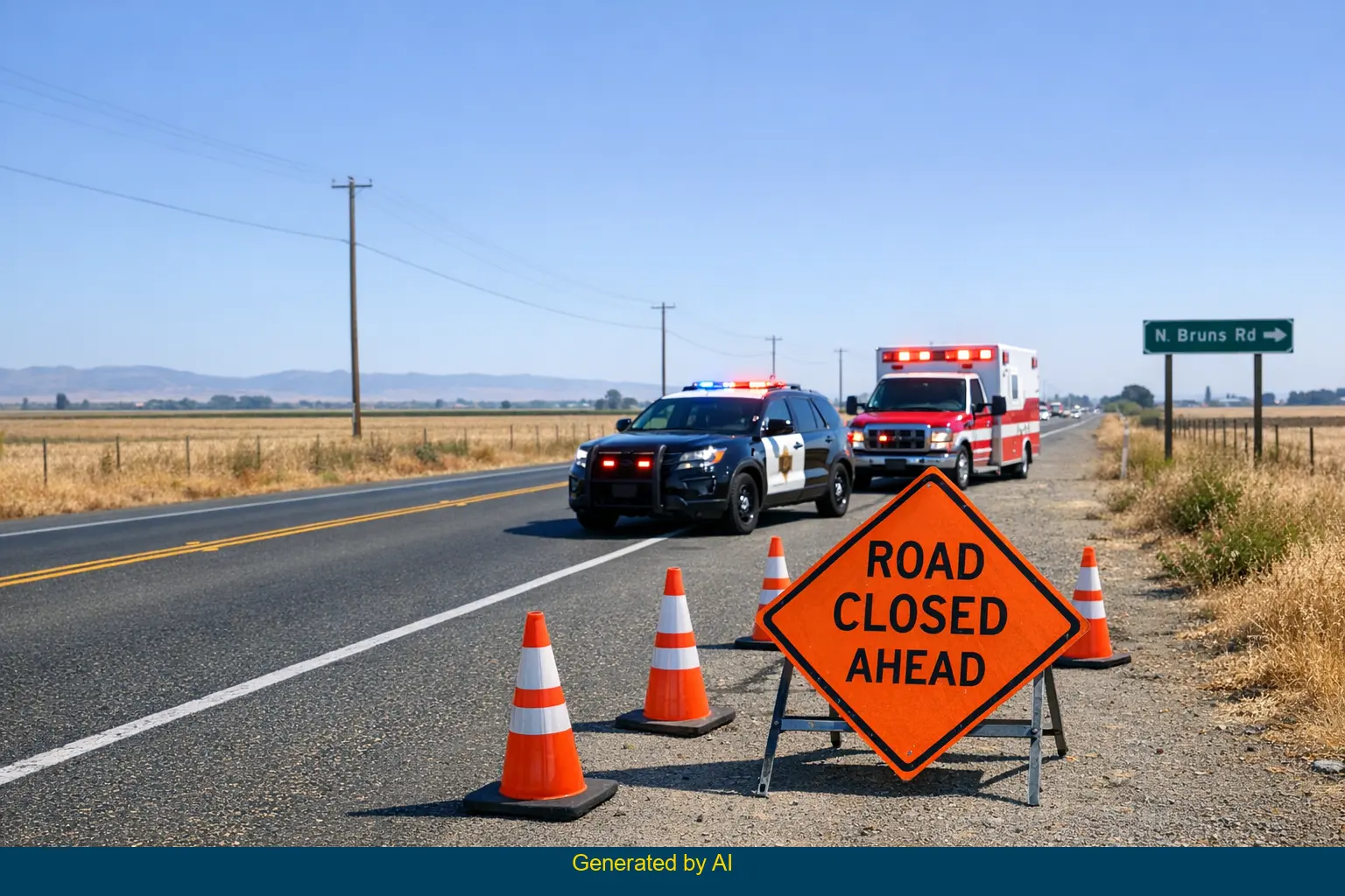 Emergency vehicles and road closure sign on Byron Highway at North Bruns Road after motorcycle crash