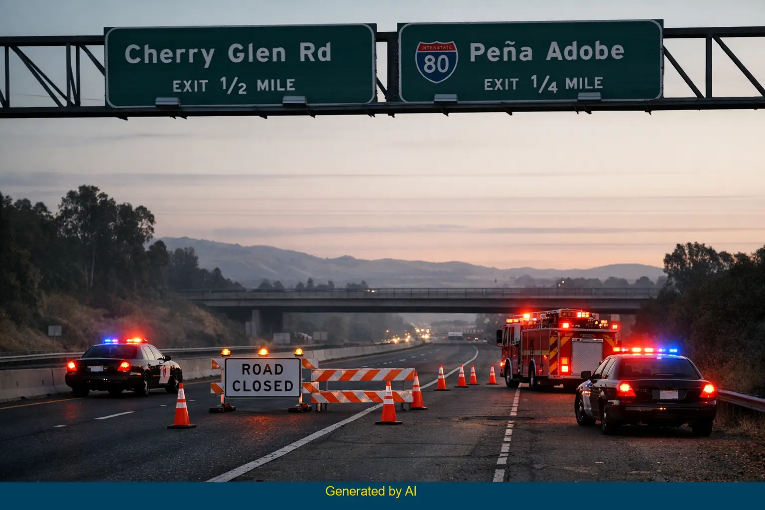 Emergency vehicles and traffic cones block eastbound I-80 near Cherry Glen Road after a multi-vehicle crash