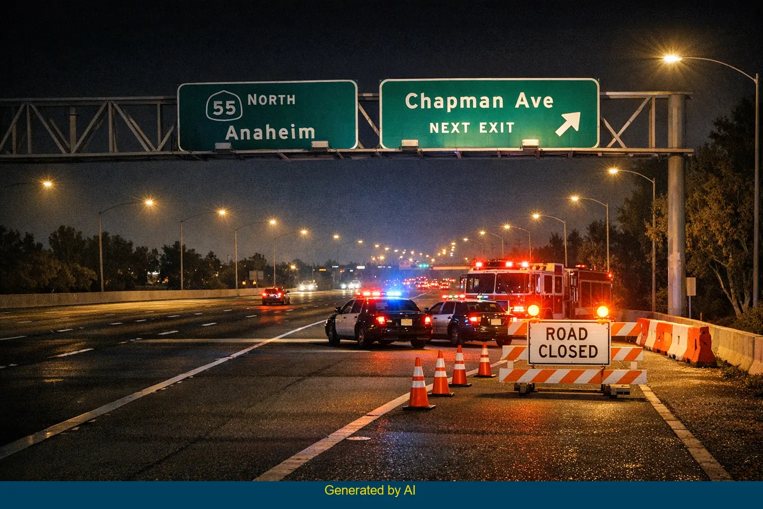 Emergency vehicles and road closure at night on State Route 55 near Chapman Avenue off-ramp in Orange