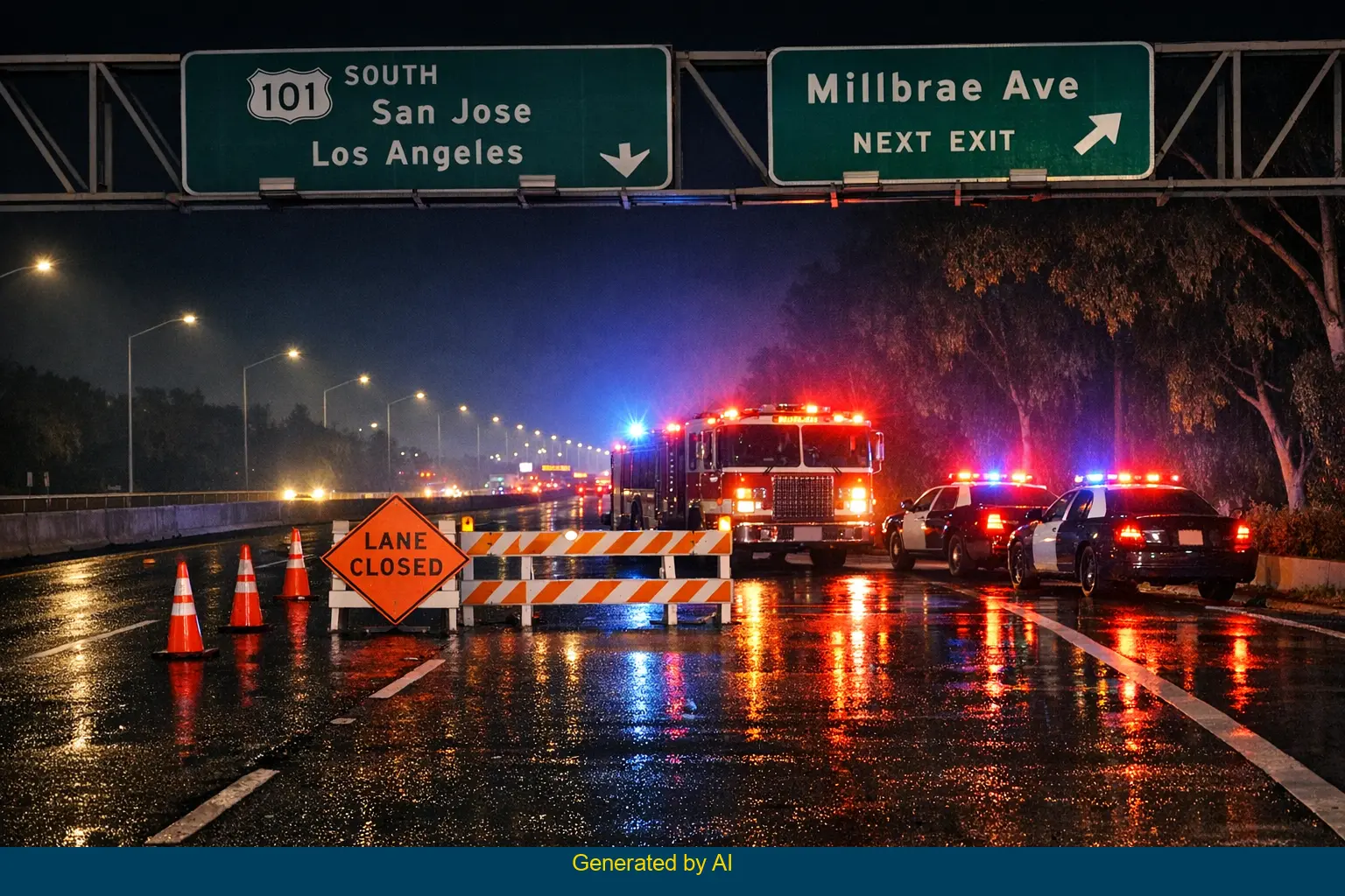 Emergency vehicles with flashing lights respond to a rollover crash on southbound US 101 near Millbrae Avenue at night