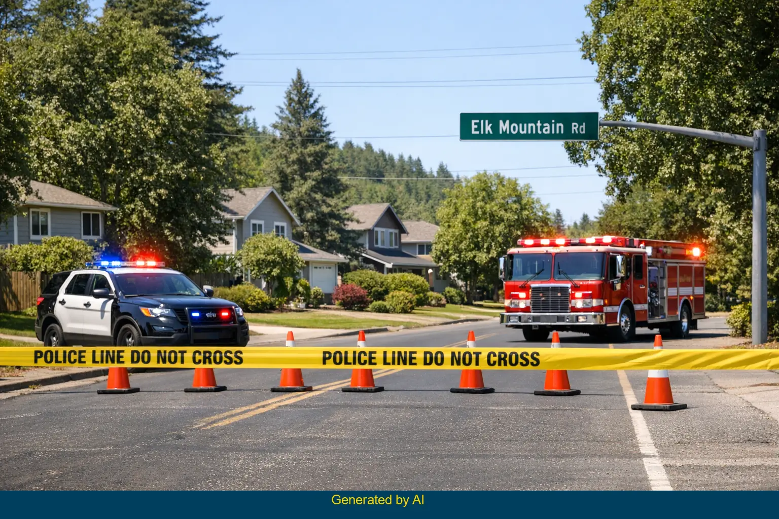 Emergency vehicles and police tape block Elk Mountain Road after off-roading vehicle incident in residential area