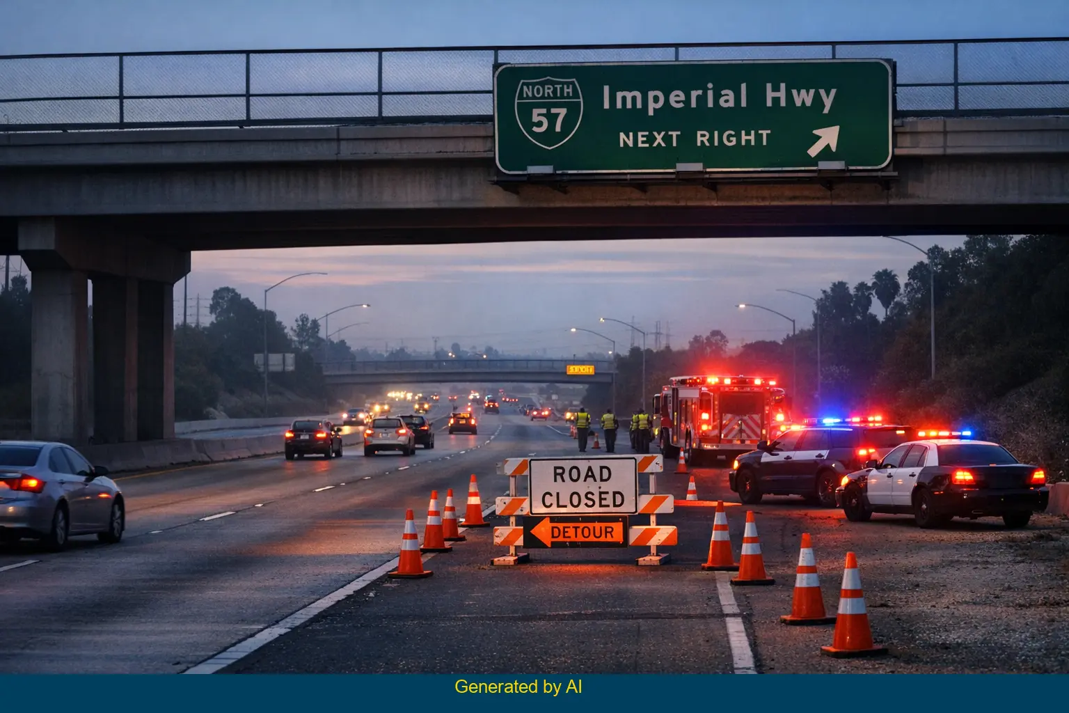 Emergency vehicles and traffic cones block northbound SR-57 near Imperial Highway after a two-vehicle crash