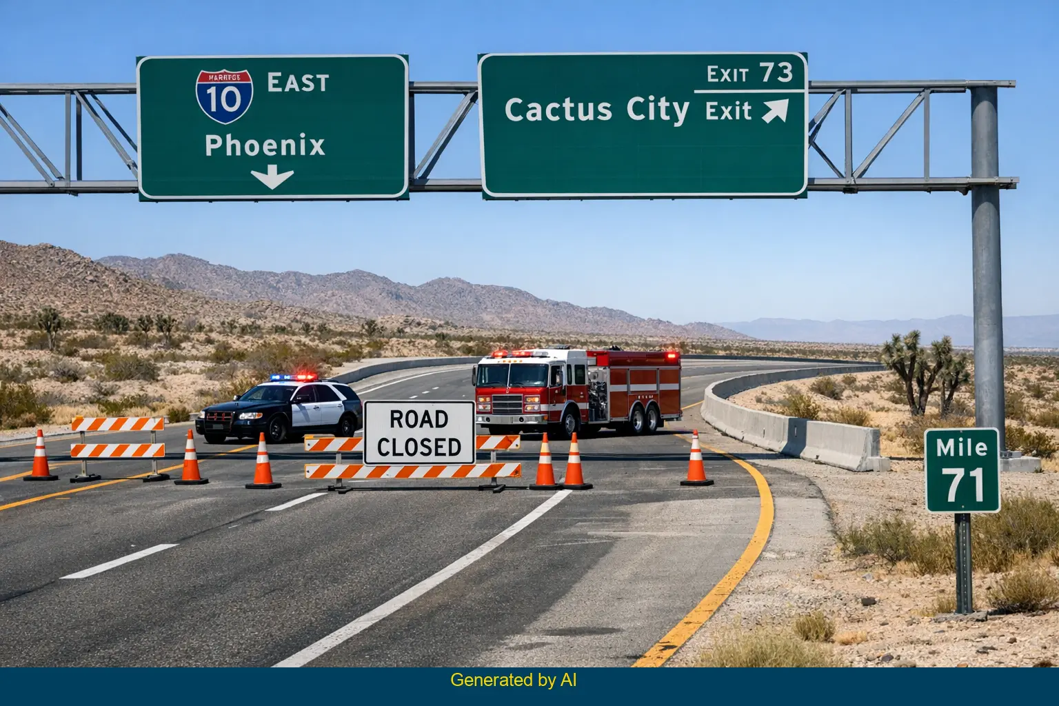 Emergency vehicles and traffic cones block Interstate 10 ramp near Cactus City after rollover crash