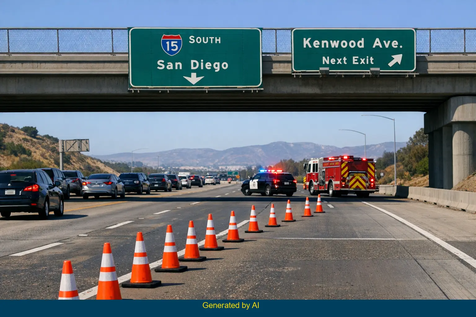 Emergency vehicles and traffic cones block a lane on I-15 near Kenwood Avenue after vehicle overturns