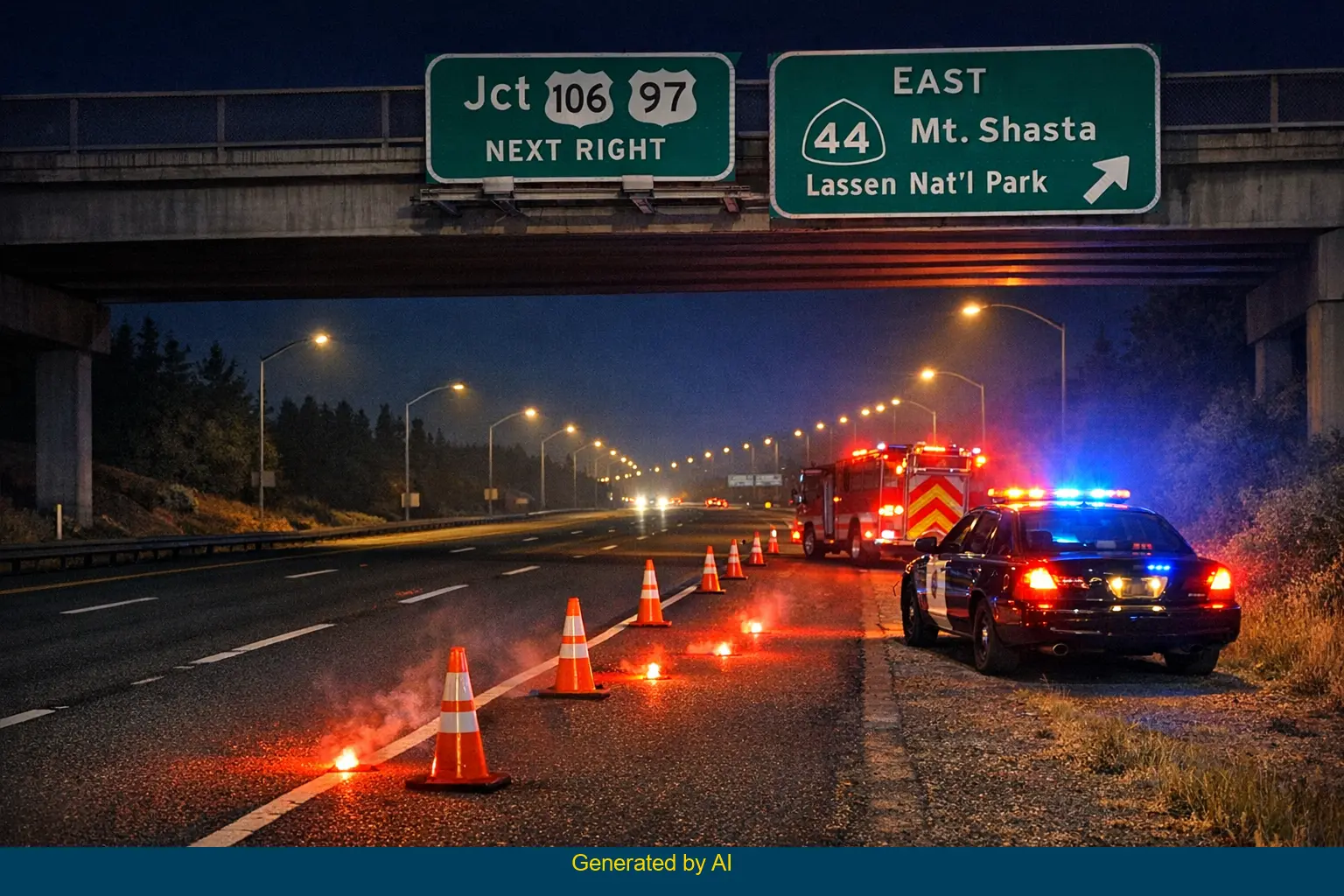 Emergency vehicles and traffic cones at nighttime crash scene on State Route 44 involving overturned Nissan 350Z