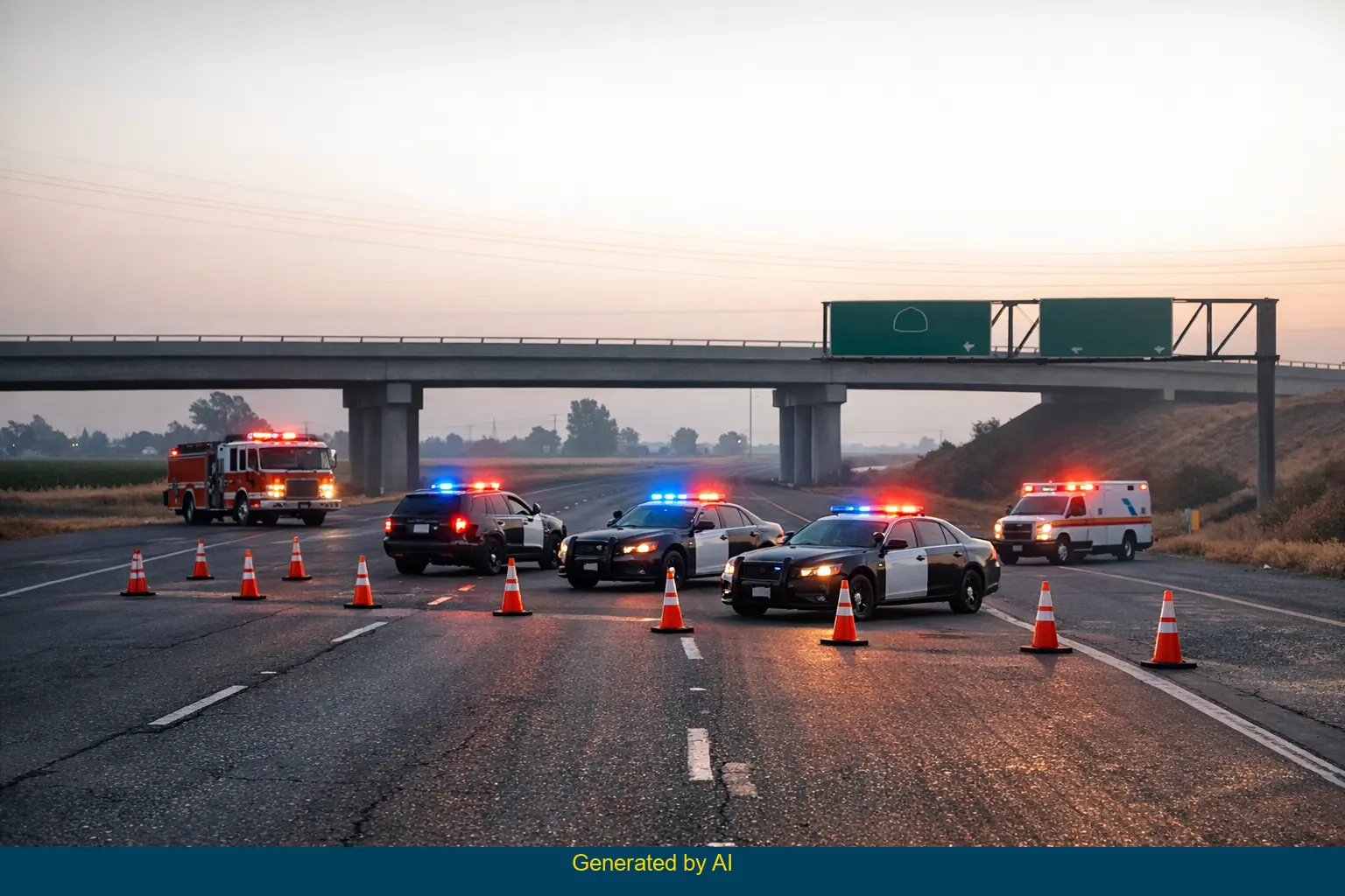 Emergency vehicles and police block State Route 43 after overturned pickup crash near Avenue 112