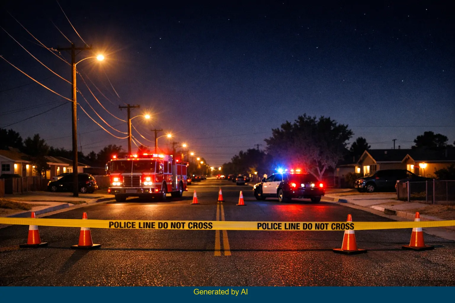 Emergency vehicles and police tape block 90th Street West at night after pickup truck accident fatality