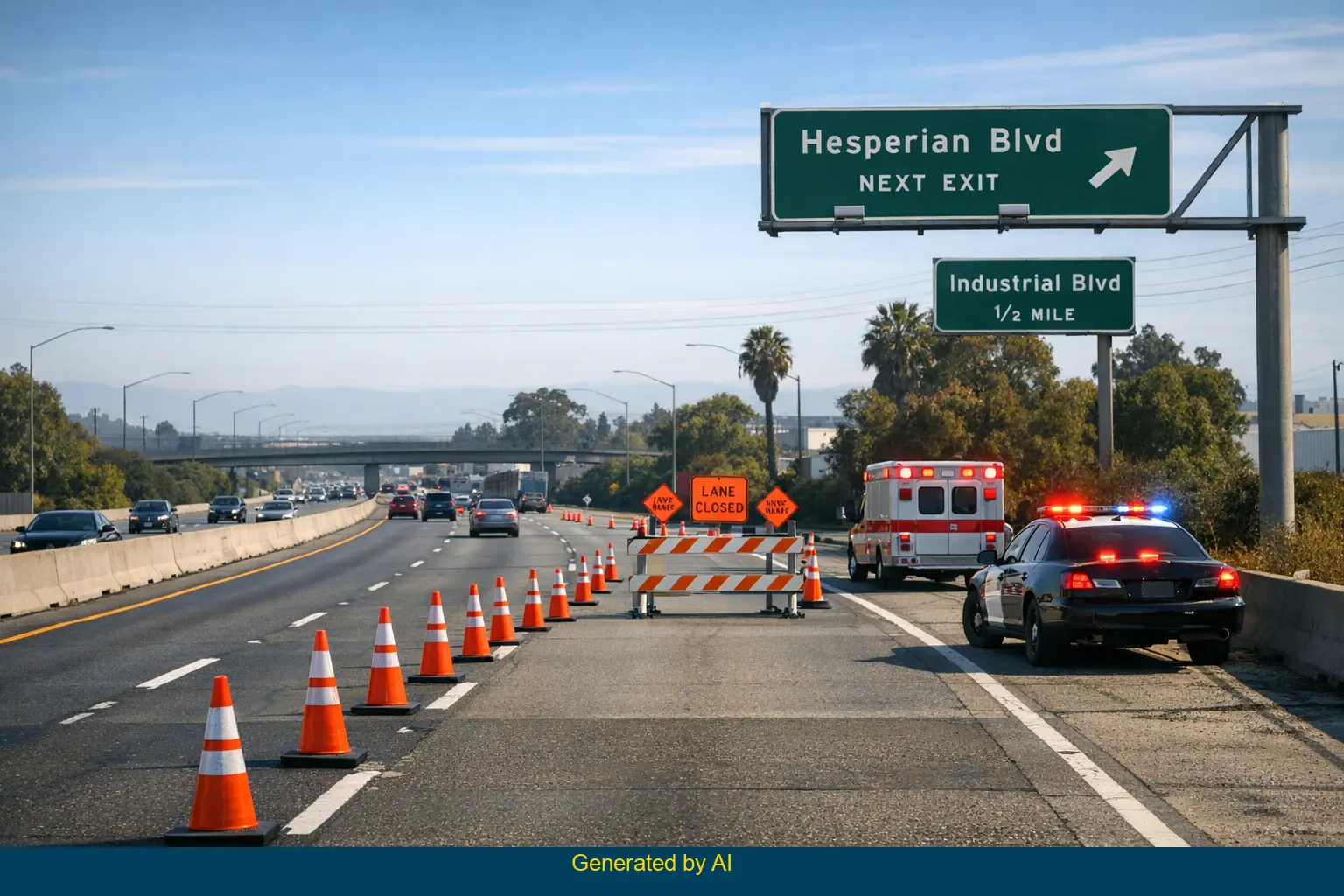 Emergency vehicles and lane closure on State Route 92 westbound near Hesperian Boulevard after U-Haul pedestrian accident
