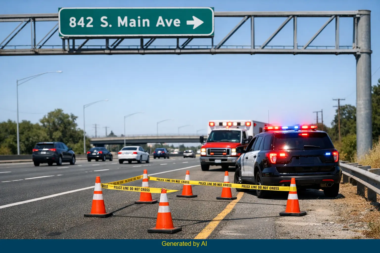 Emergency vehicles and police tape secure the scene of a pedestrian accident on South Main Avenue