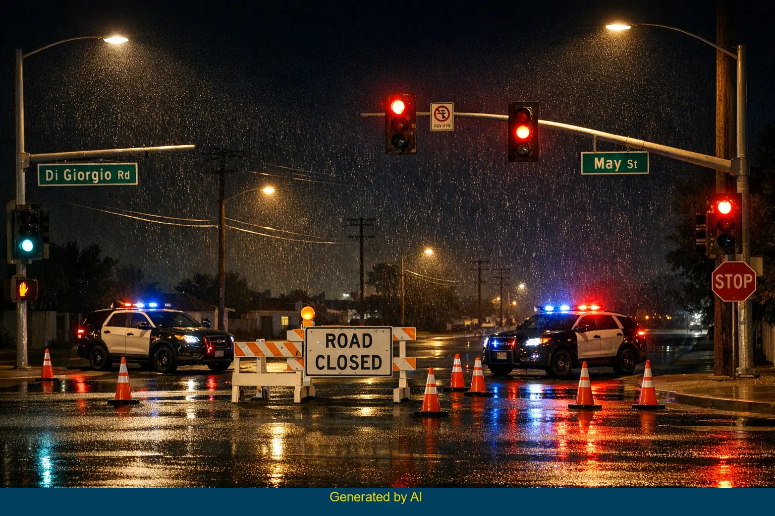 Nighttime view of Di Giorgio Road and May Street intersection with police vehicles and road closure barriers after pedestrian accident