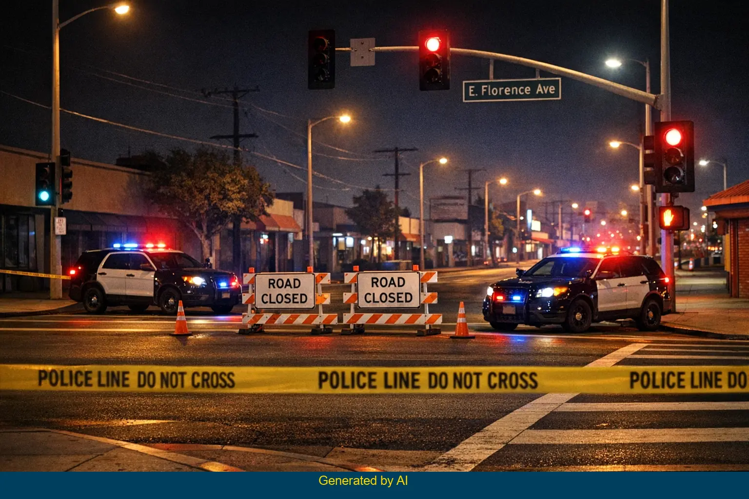 Police vehicles and caution tape block a city intersection after a pedestrian accident near East Florence Avenue and Pacific Boulevard at night.