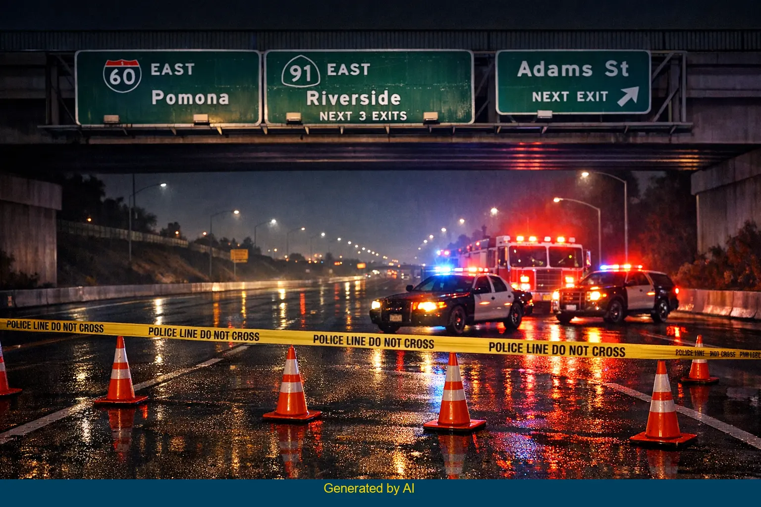 SR-91 eastbound near Adams Street closed at night with police and fire vehicles after pedestrian accident in Riverside