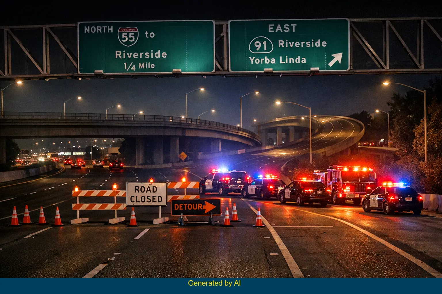 Nighttime emergency response on eastbound State Route 91 near Imperial Highway after pedestrian accident