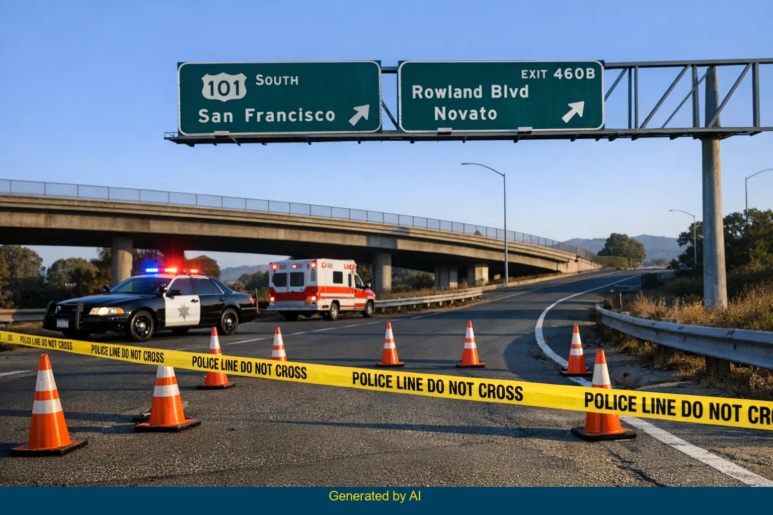 US 101 southbound Rowland Boulevard off-ramp closed with police tape and emergency vehicles present after pedestrian accident in Novato