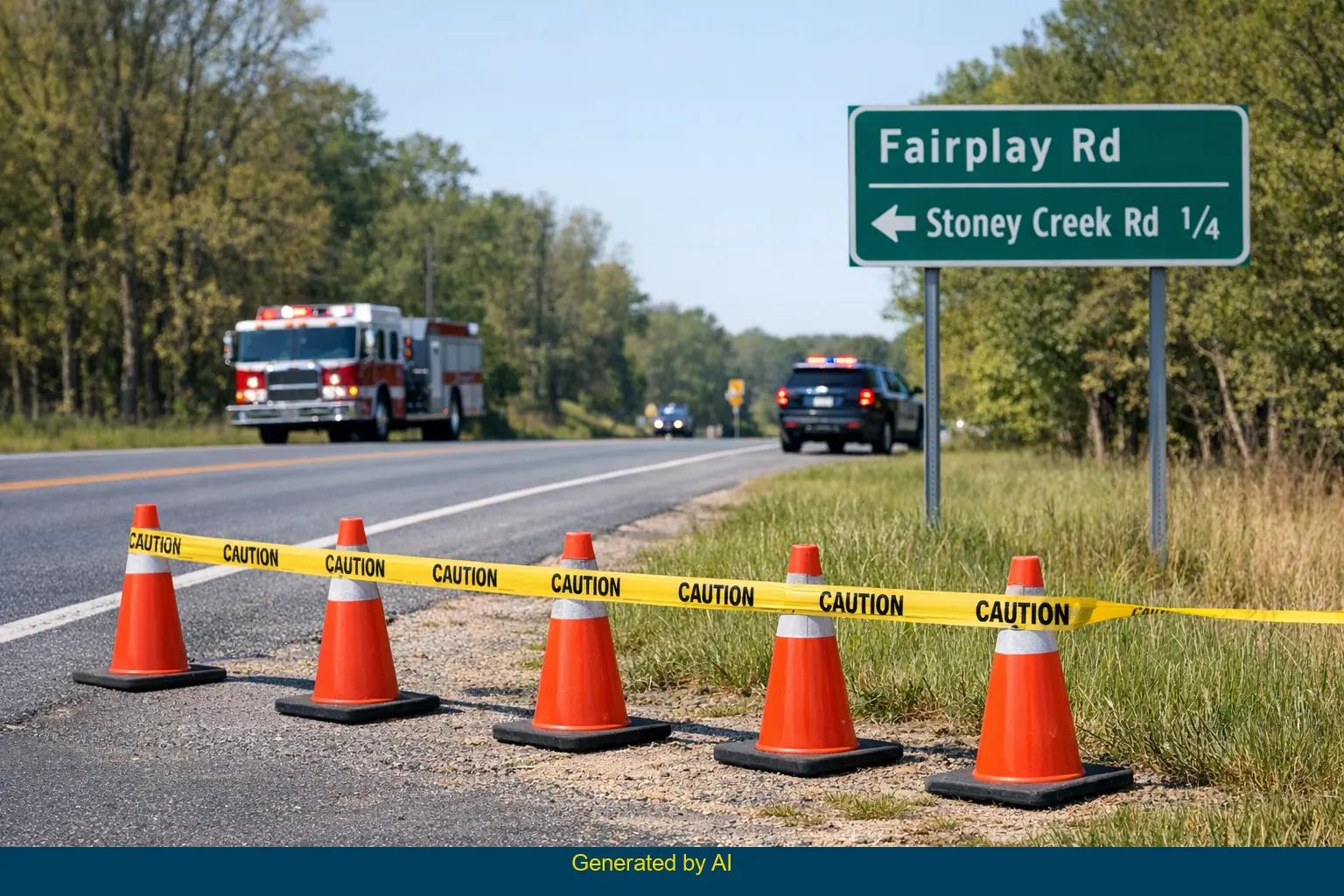 Emergency response vehicle and traffic cones mark closed lanes after rollover crash on Fairplay Road