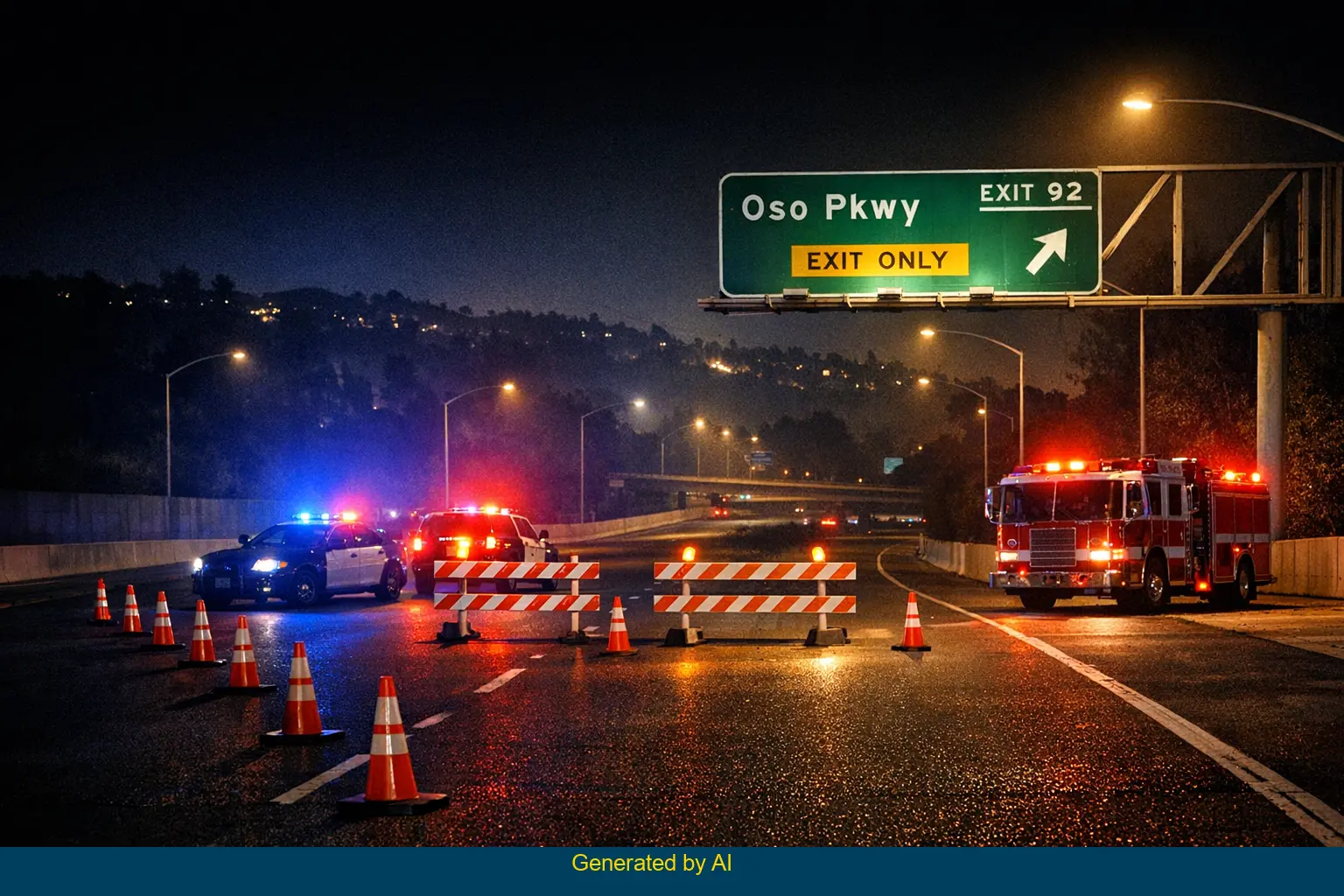 Emergency vehicles and barricades block I-5 south at Oso Parkway off-ramp during sedan fire response