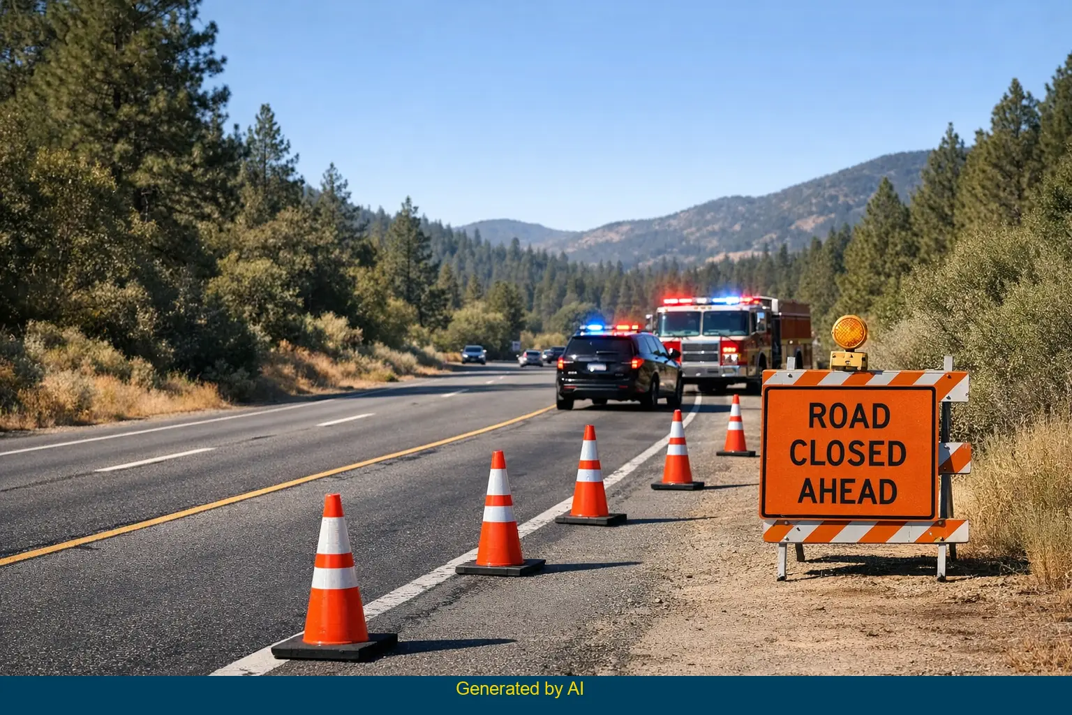 Emergency vehicles and traffic cones on State Route 70 shoulder after single-vehicle crash near Cromberg