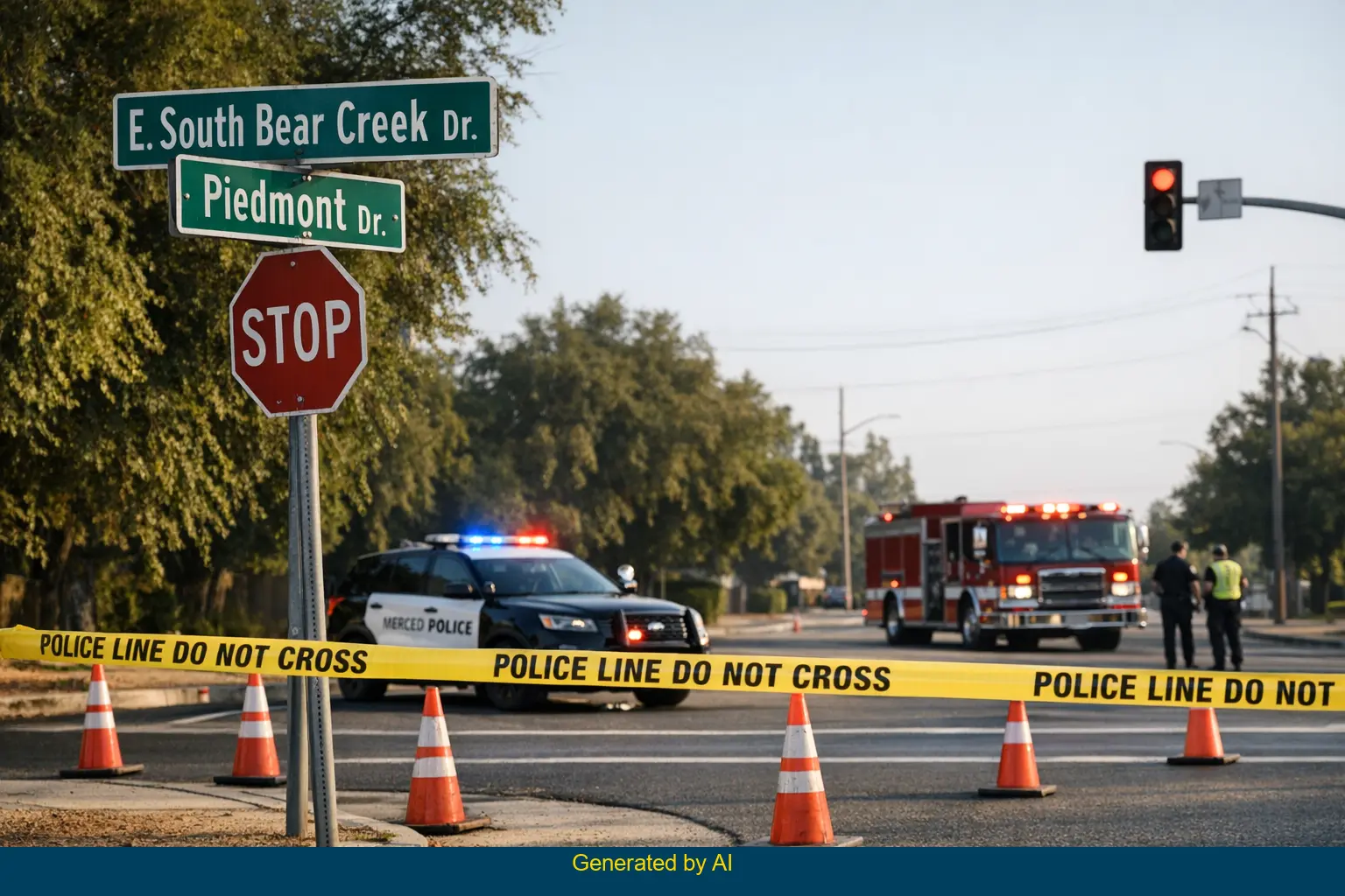 Blocked intersection at East South Bear Creek Drive and Piedmont Drive after solo vehicle crash, emergency vehicles present