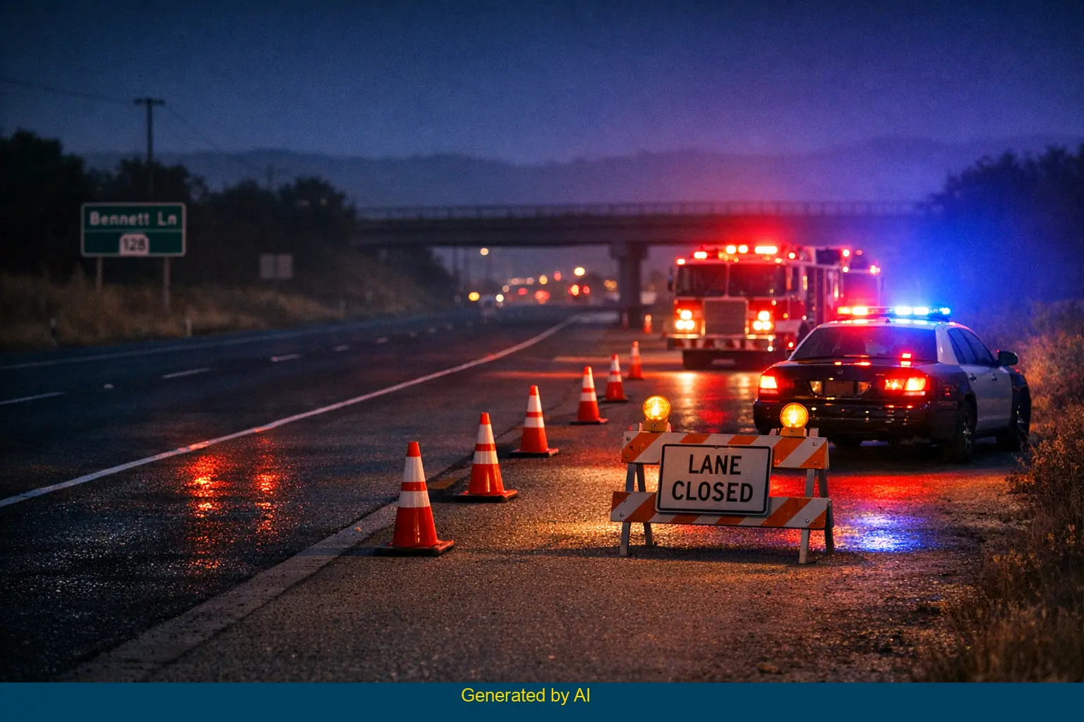 Emergency vehicles with flashing lights respond to solo vehicle crash scene on SR-128 at night
