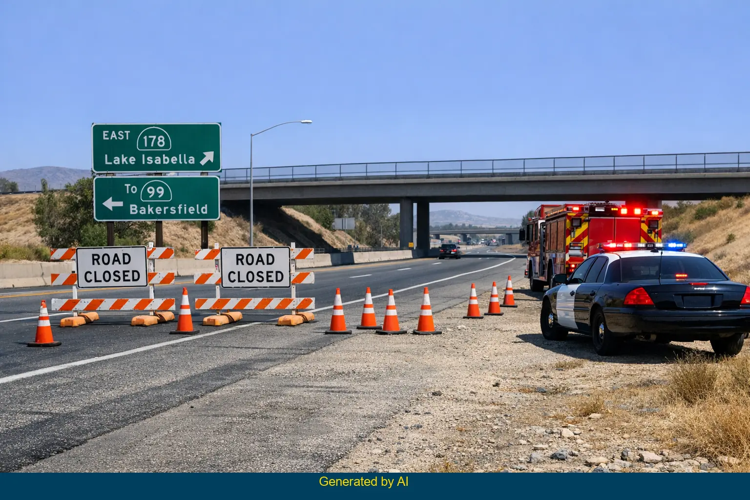 Emergency vehicles and road closure on State Route 178 after fatal crash in Kern County