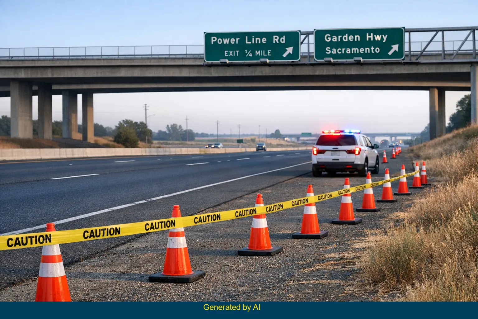 Emergency response vehicle and road closure after solo vehicle fire near Power Line Road and Garden Highway in Sacramento