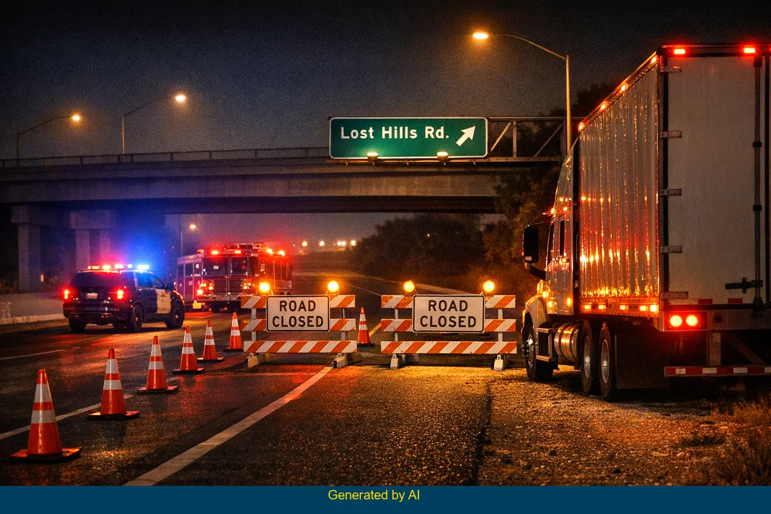 Emergency vehicles and a stopped truck at night on a highway near Lost Hills after a bicycle accident