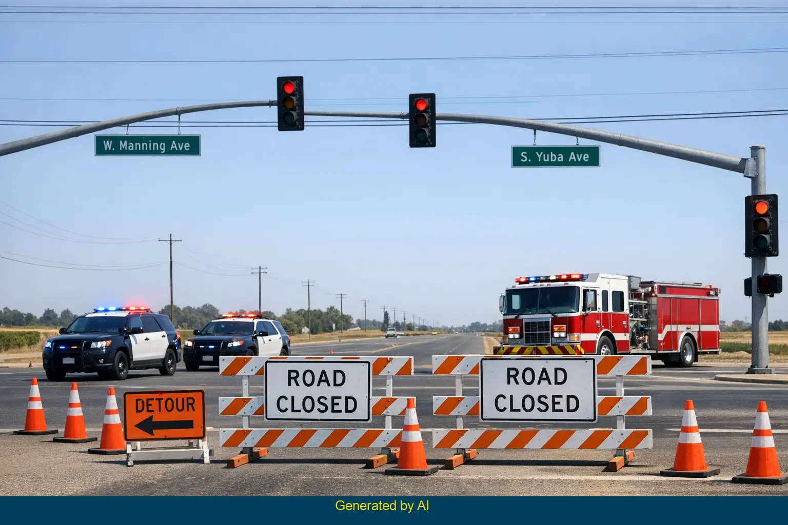 Emergency vehicles block West Manning Ave and South Yuba Ave after two-vehicle crash involving a farm tractor