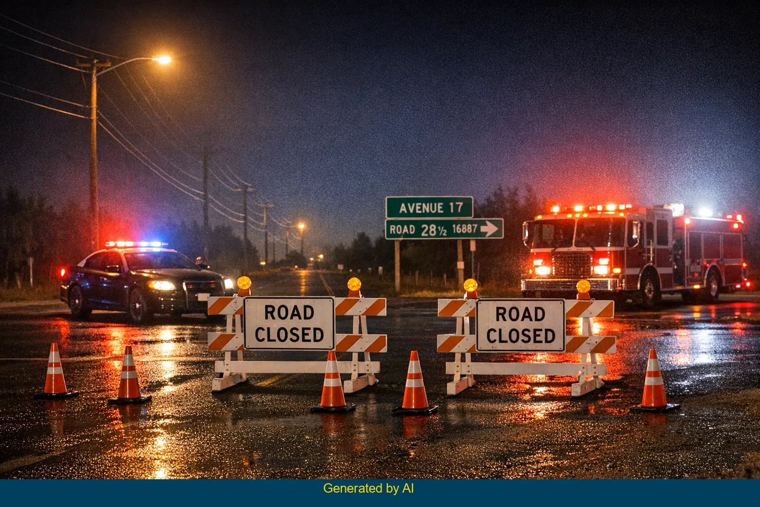 Emergency vehicles with flashing lights secure a rural intersection after a two-vehicle crash near Avenue 17 at night