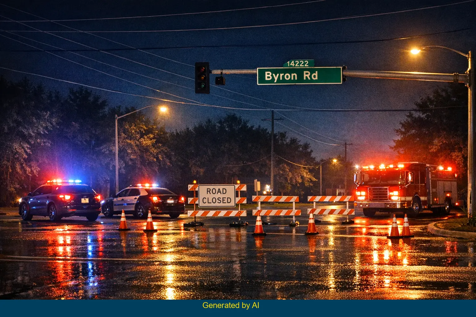 Emergency vehicles and barricades at Byron Road intersection after vehicle hits pole and burns