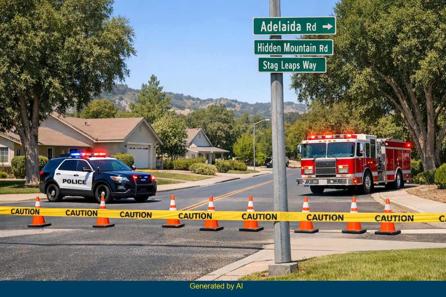 Emergency vehicles block Adelaida Road near Hidden Mountain Road after a vehicle overturns in a calm residential area.