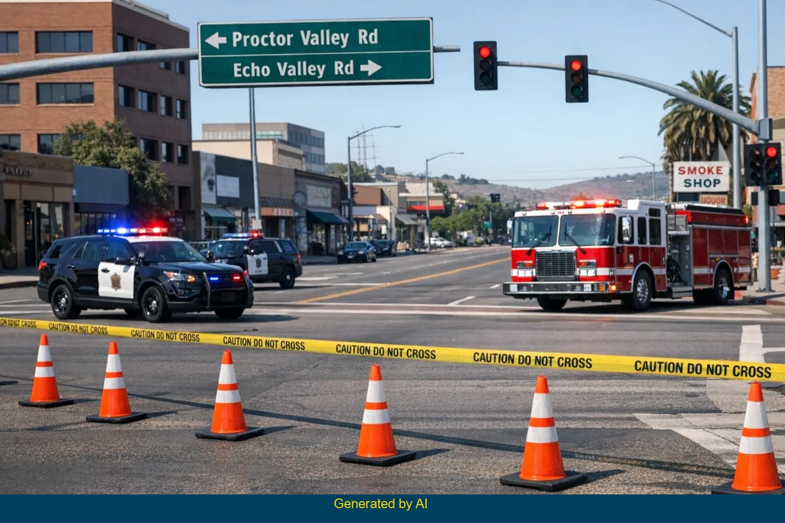 Emergency vehicles and caution tape block Proctor Valley Road after vehicle hits metal railing