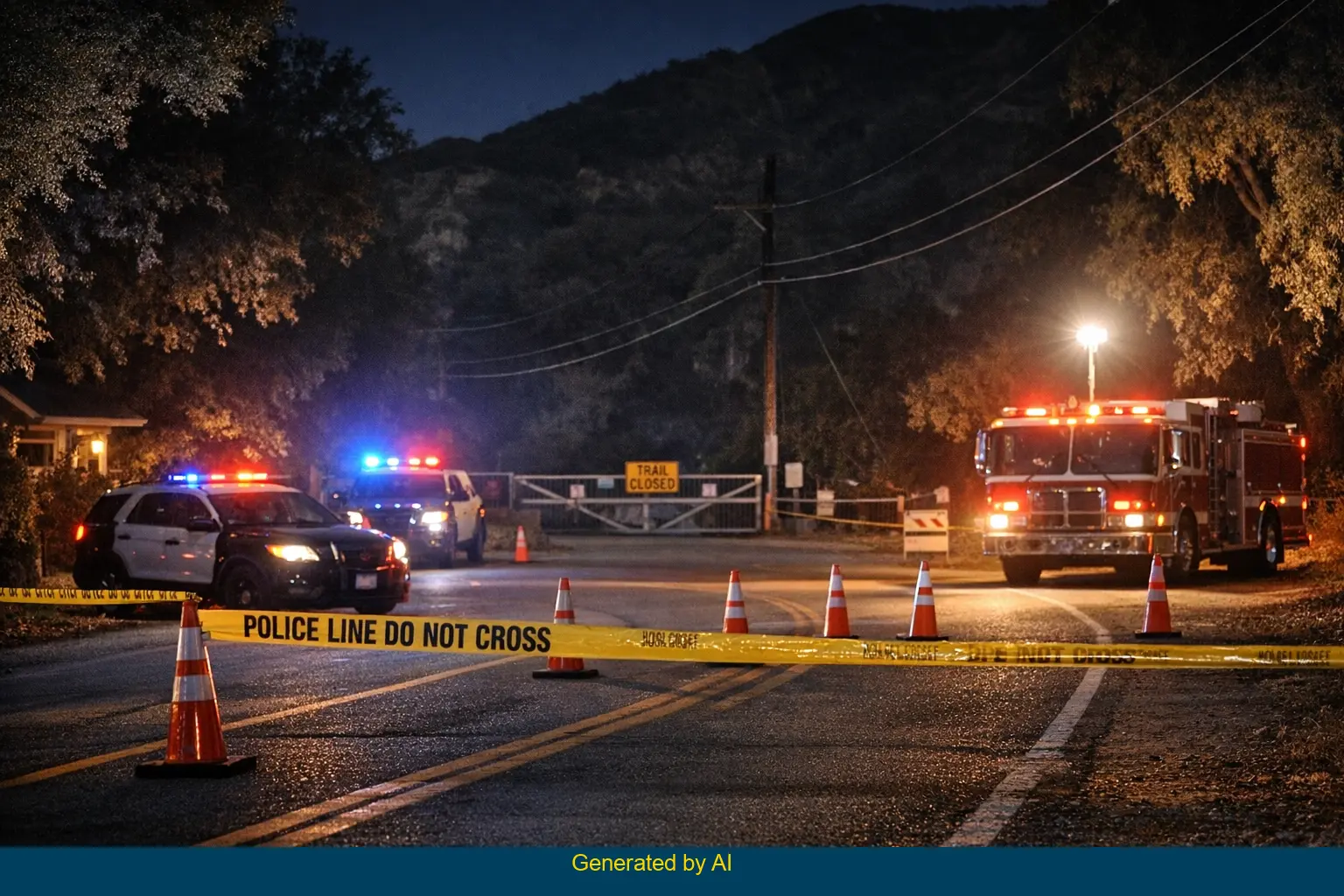 Emergency vehicles and road closure at Maple Springs trailhead after reported wreck in Silverado Canyon