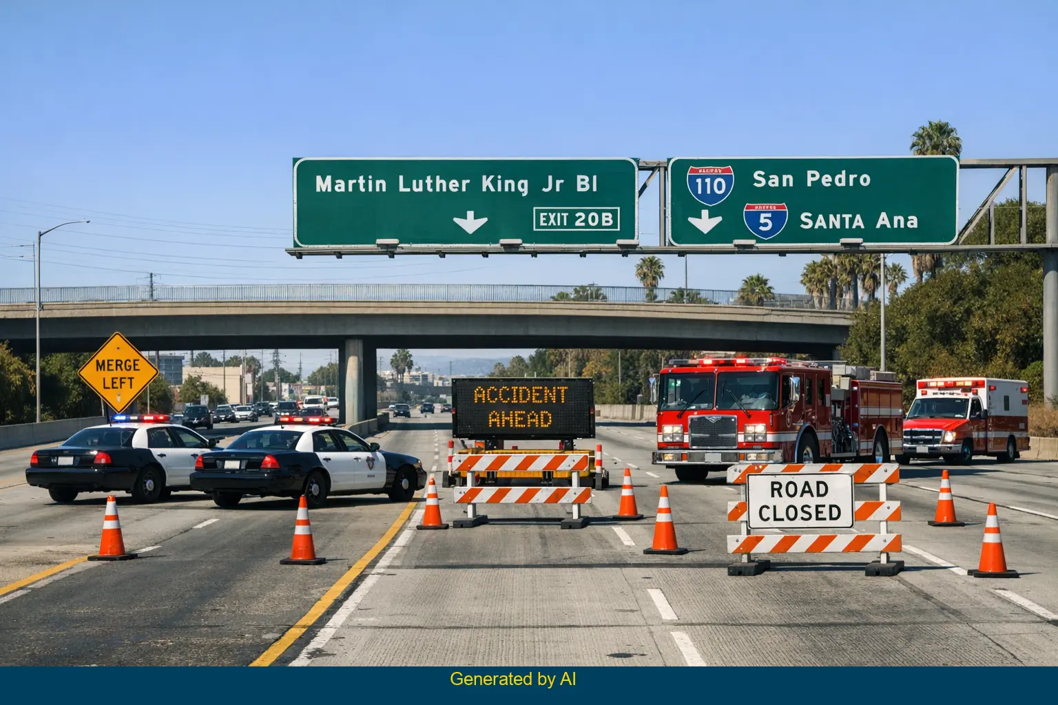 Emergency vehicles and traffic cones block southbound I-110 after a wrong-way crash near Vernon in Los Angeles
