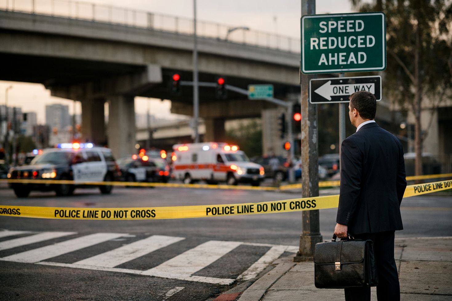 Pedestrian crosswalk closed with police tape, emergency vehicles nearby, lawyer present, highway overpass in background