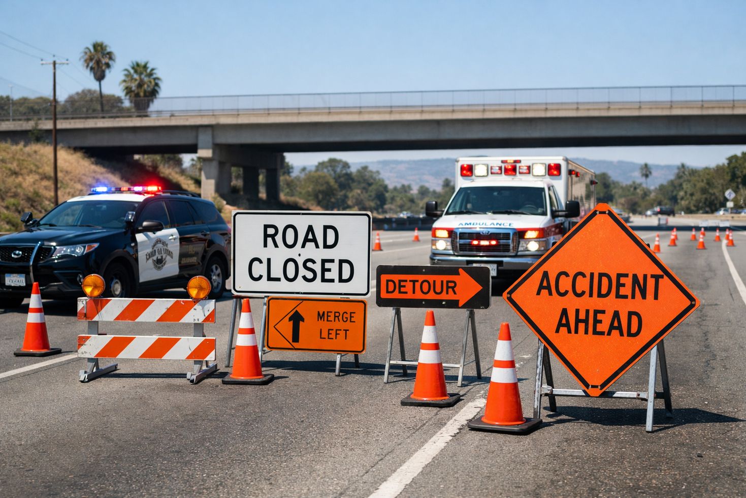 California highway scene with police car, ambulance, road closure signs, and overpass, illustrating car accident legal